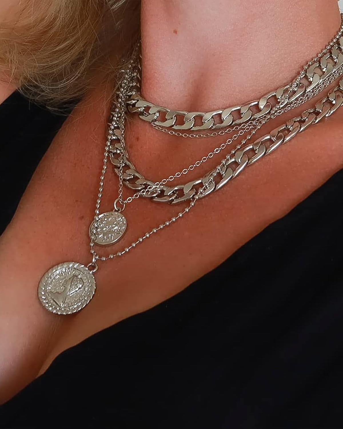 Layered Necklaces for Women Trendy Retro Coin Pendant Necklace Dainty Chunky Chain Choker Necklaces for Jewelry Birthday Gifts