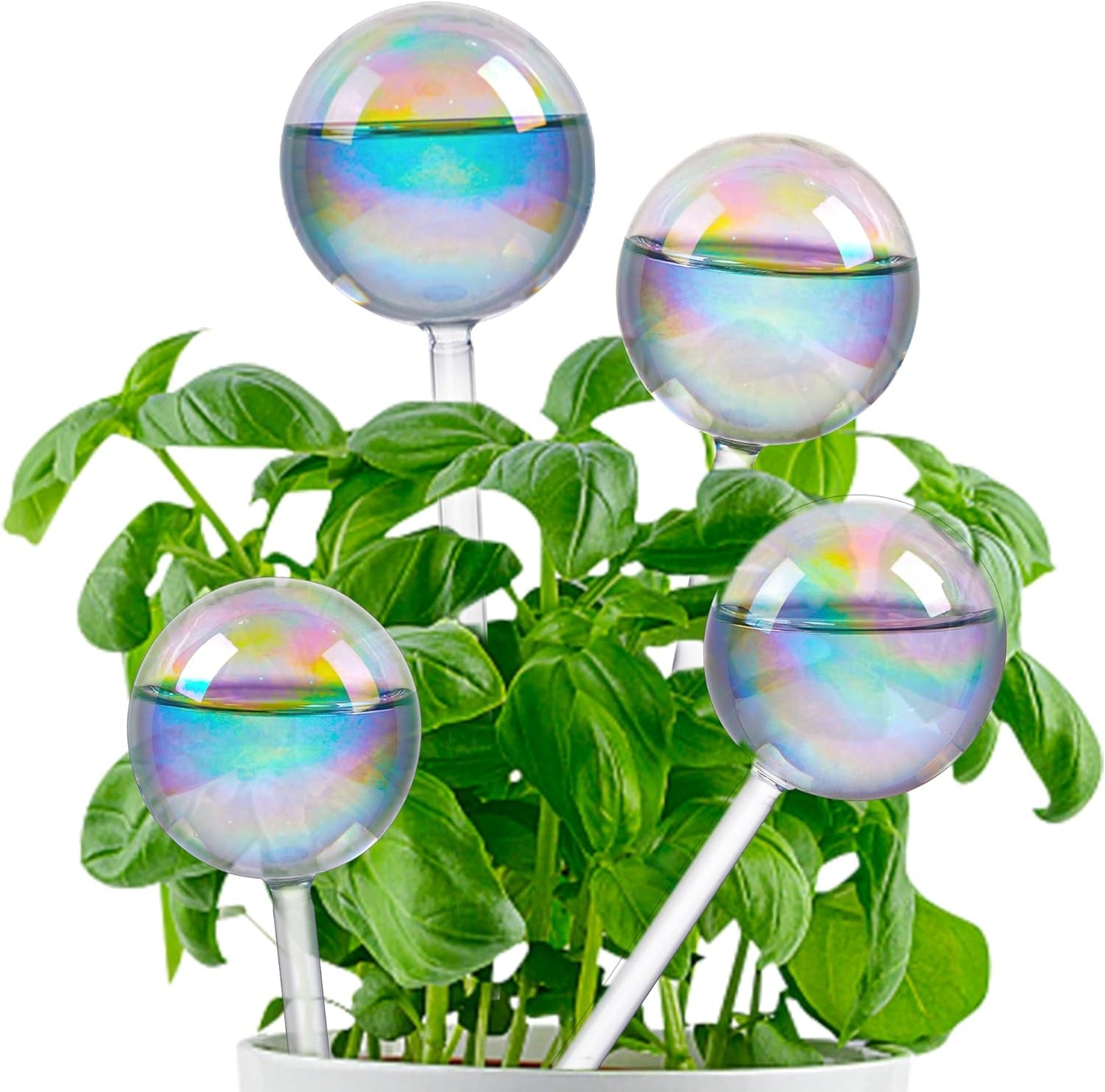 Plant Watering Globes - 4 Pack Iridescent Rainbow Gradient Color Clear Glass Plant Watering Devices - Self Watering Planter Insert for Indoor and Outdoor Plants - Measures 9" L X 2.9" D