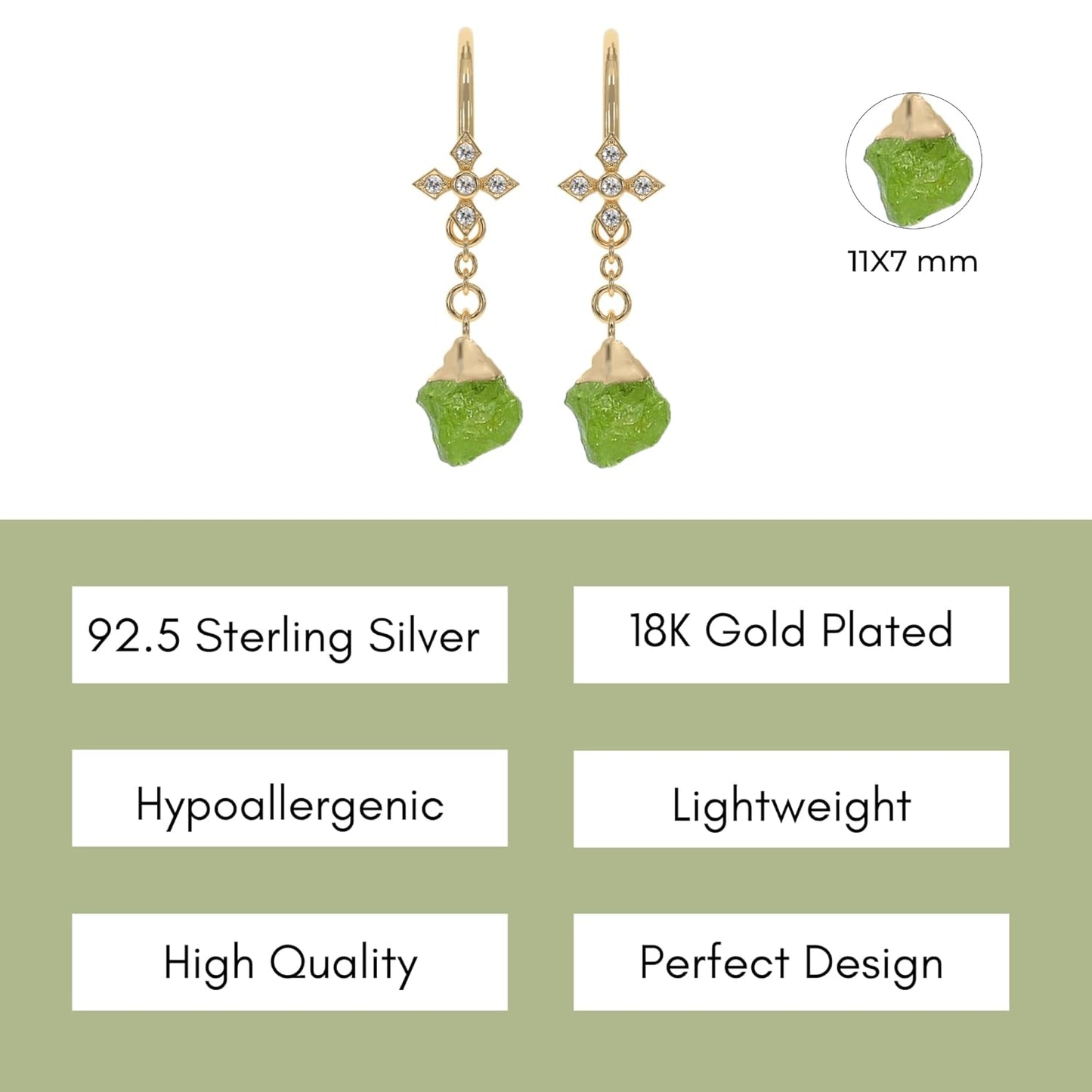 Peridot Earrings for Women in Raw Stone Dangle Drop Shape - 18K Gold Plated, Certified 925 Sterling Silver Earring - Hypoallergenic Gold Jewelry for Women, Mothers Day Gifts, Birthday Gifts for Women