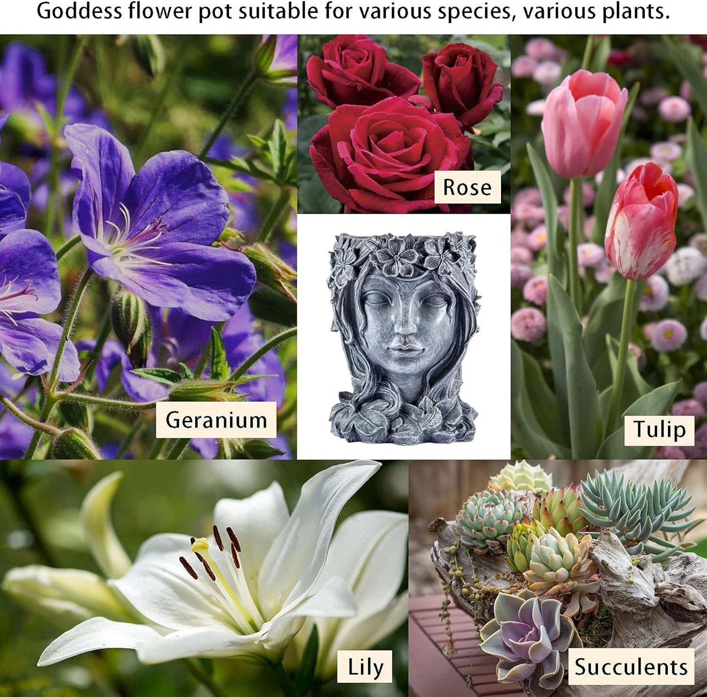 Goddess Face Planter - Resin Flower Pot with Drainage Hole - Head Vase for Indoor and Outdoor Decoration - Succulent Pot Gift for Women (Grey)