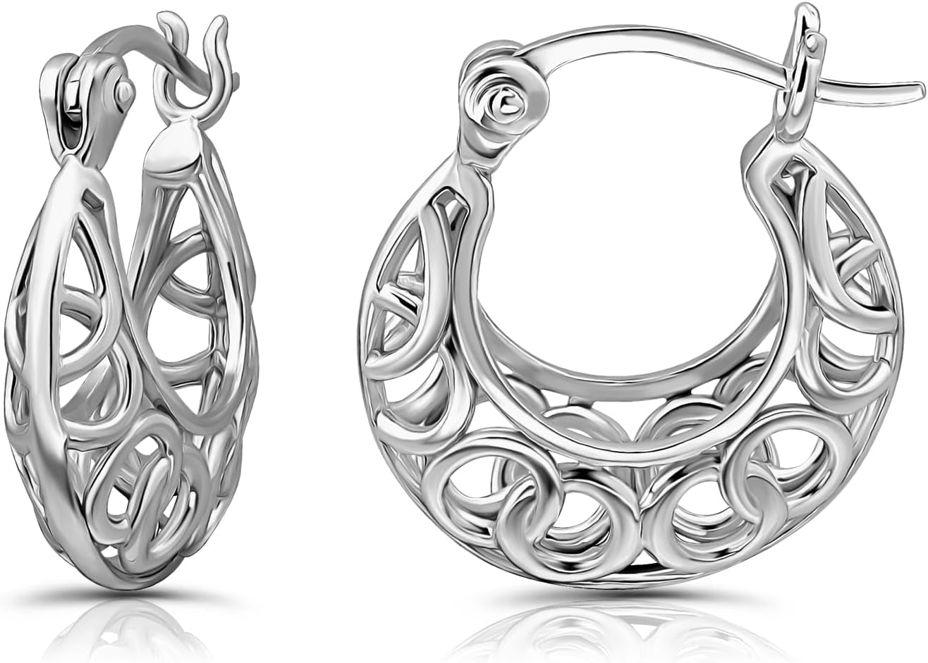 925 Sterling Silver Filigree Intertwined Infinity Small 17Mm Hoop Earrings for Women, Silver, Yellow Gold & Rose Gold