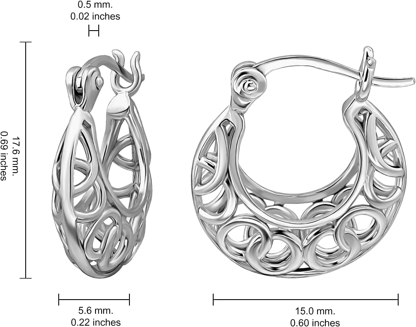 925 Sterling Silver Filigree Intertwined Infinity Small 17Mm Hoop Earrings for Women, Silver, Yellow Gold & Rose Gold