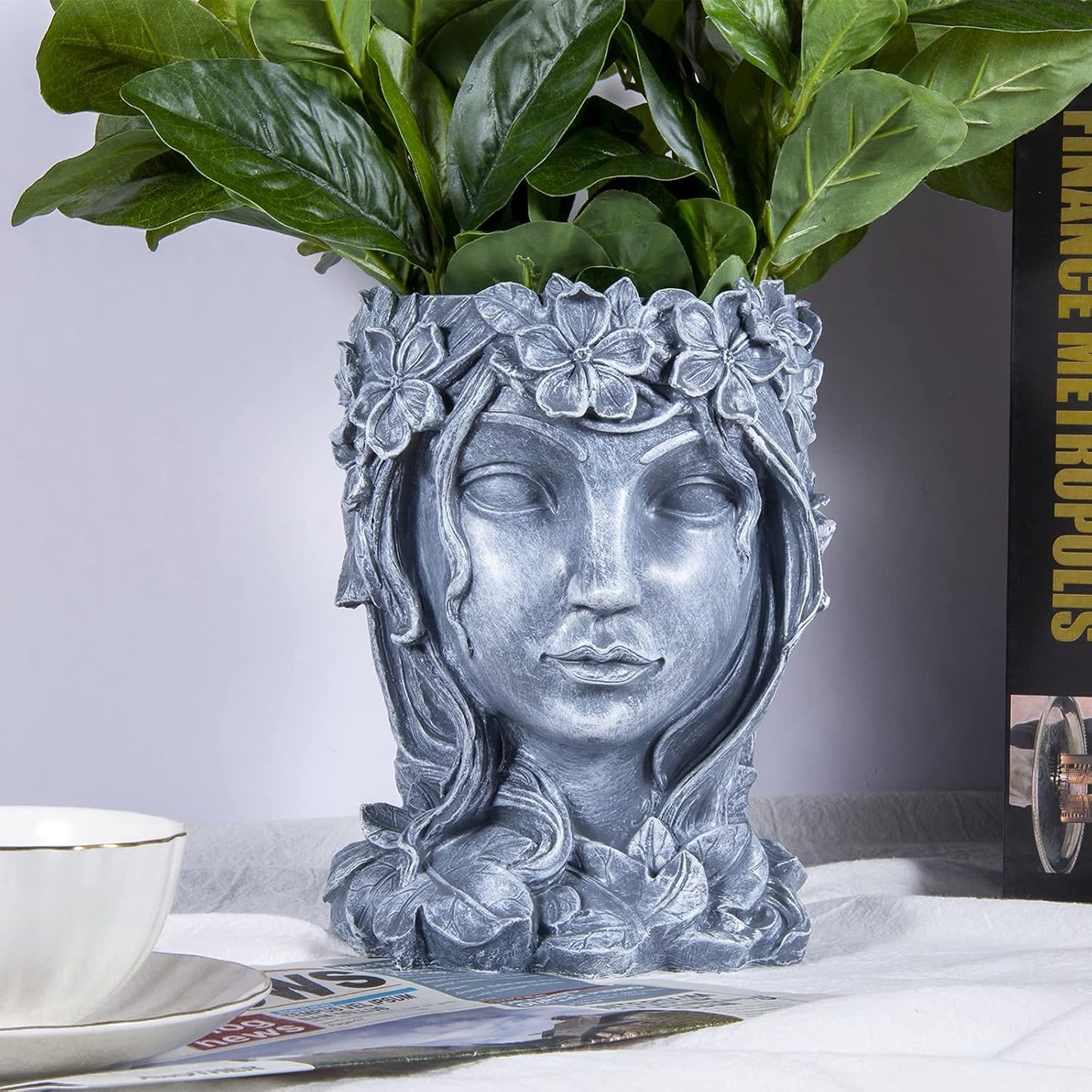 Goddess Face Planter - Resin Flower Pot with Drainage Hole - Head Vase for Indoor and Outdoor Decoration - Succulent Pot Gift for Women (Grey)