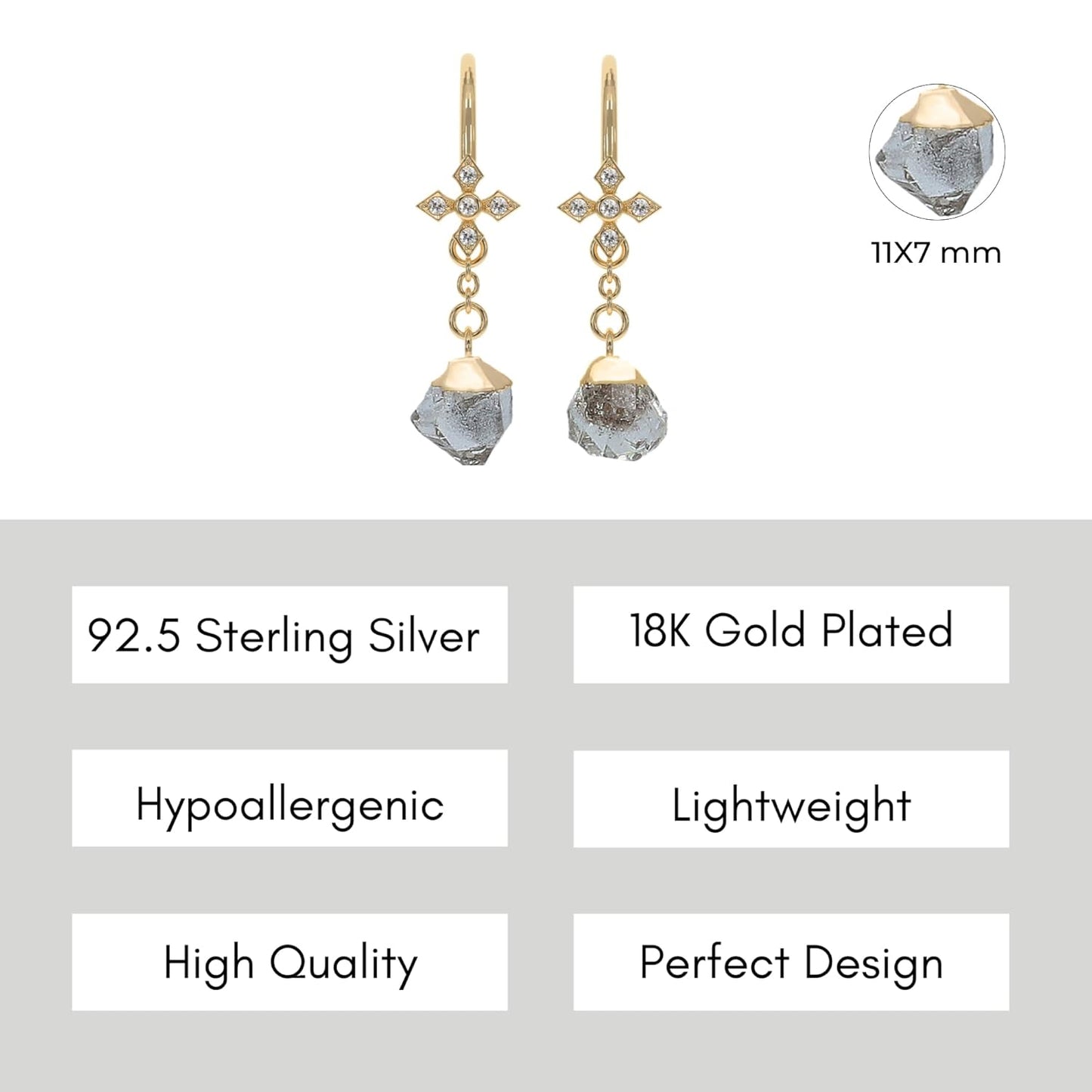 Clear Quartz Earrings for Women in Raw Stone Drop Shape - 18K Gold Plated, Certified 925 Sterling Silver Earring - Hypoallergenic Gold Jewelry for Women, Mothers Day Gifts, Birthday Gifts for Women