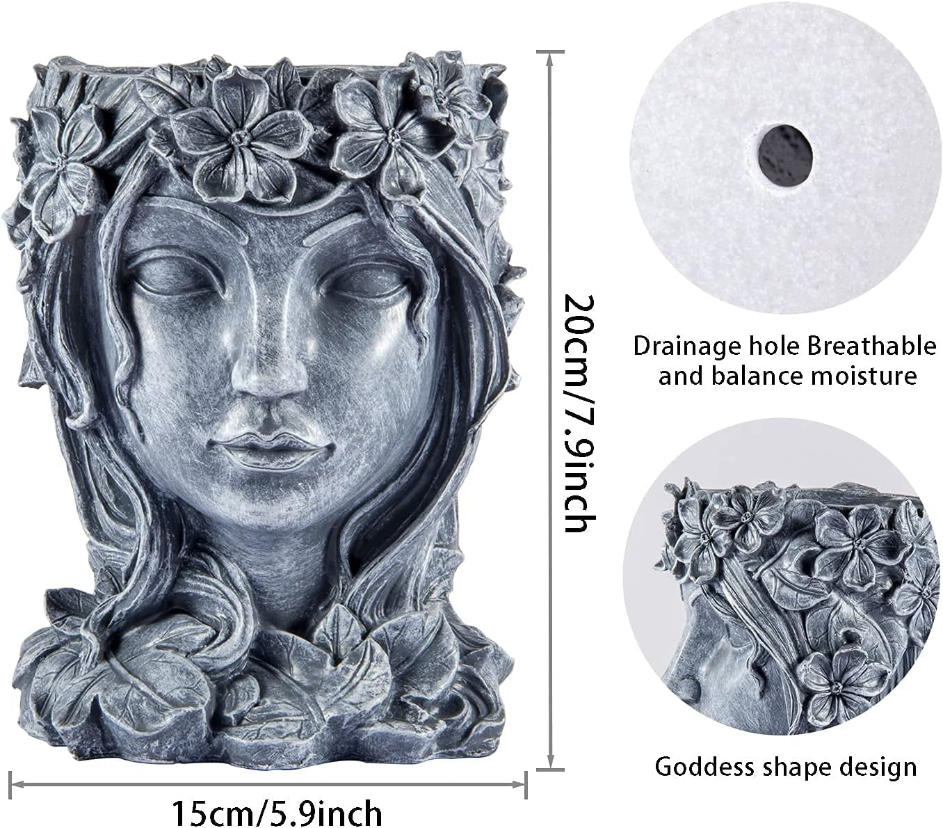 Goddess Face Planter - Resin Flower Pot with Drainage Hole - Head Vase for Indoor and Outdoor Decoration - Succulent Pot Gift for Women (Grey)