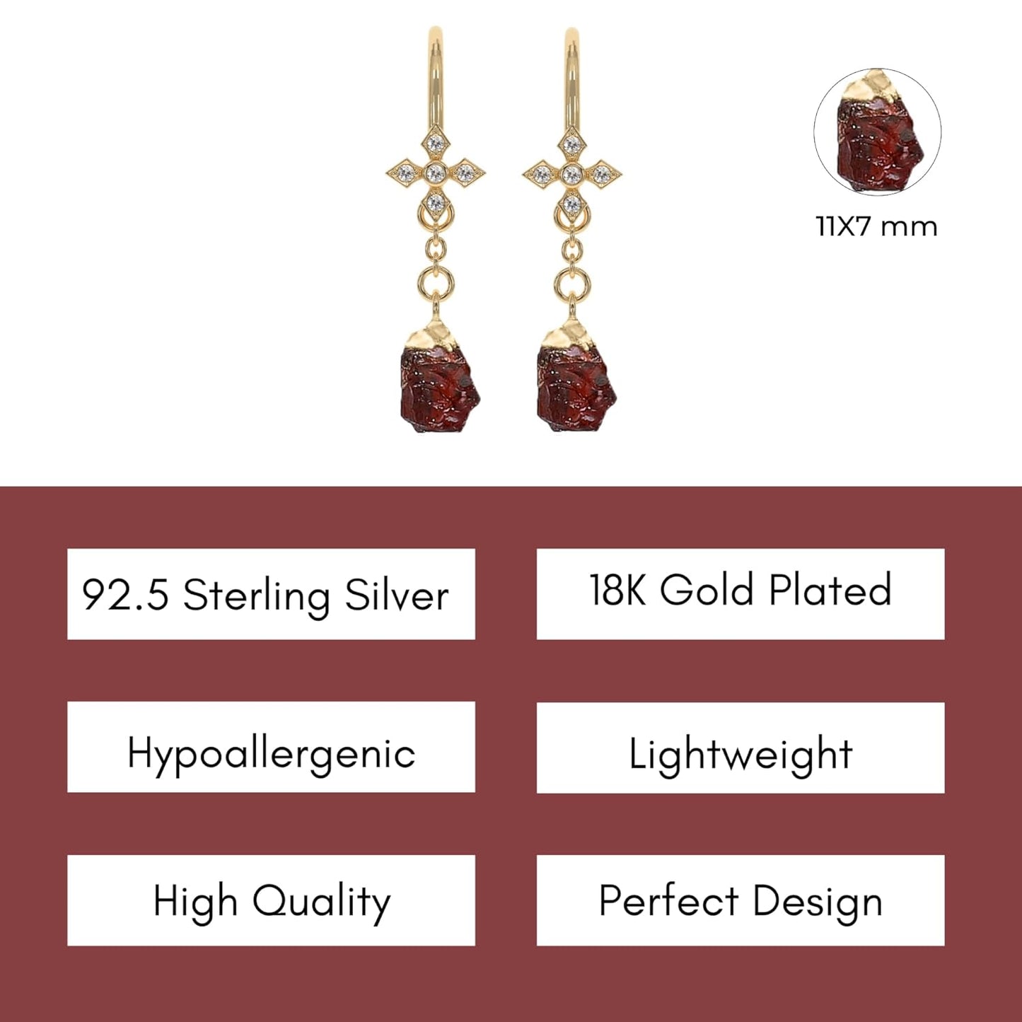 Garnet Earrings for Women in Raw Stone Dangle Drop Shape - 18K Gold Plated, Certified 925 Sterling Silver Earring - Hypoallergenic Gold Jewelry for Women, Mothers Day Gifts, Birthday Gifts for Women