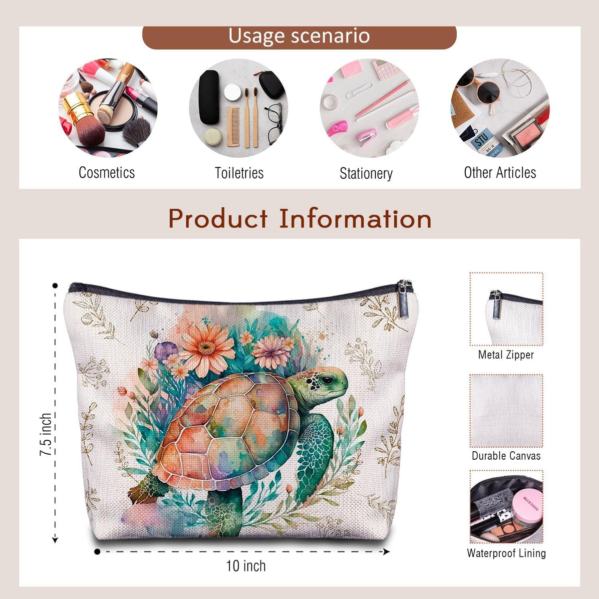 Sea Turtle Makeup Bag- Sea Turtle Gifts for Turtle Lovers Women Girls Friends, Turtle Cosmetic Bag for Purse Travel Bag, Turtle Zippered Bag for Women