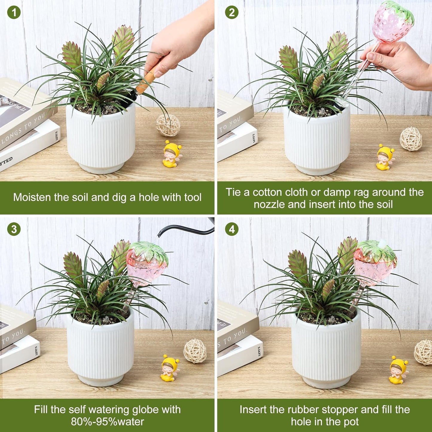 3 Packs Strawberry Plant Watering Globes, Large Water Globes for Indoor Plants, Glass Self Watering Planter Insert, Top-Fill Watering Bulbs for Indoor Outdoor Plants