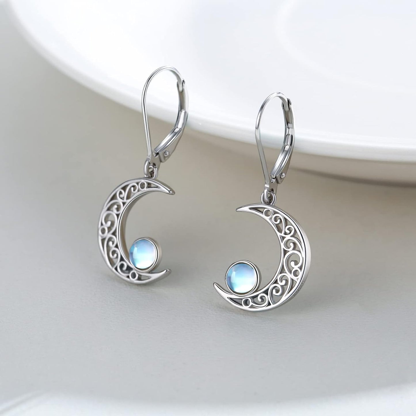Celtic Moon Sterling Silver Moss Agate Star Earrings - Hypoallergenic Moon Jewelry Gifts for Women