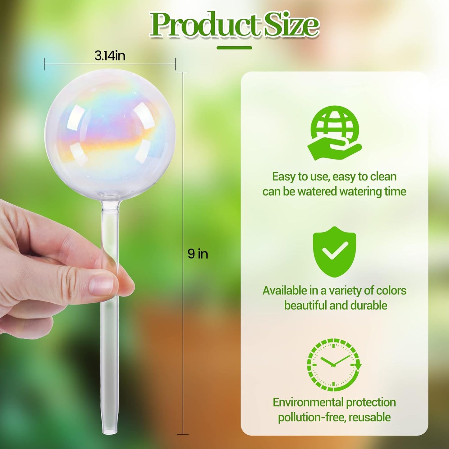 Plant Watering Globes - 4 Pack Iridescent Rainbow Gradient Color Clear Glass Plant Watering Devices - Self Watering Planter Insert for Indoor and Outdoor Plants - Measures 9" L X 2.9" D