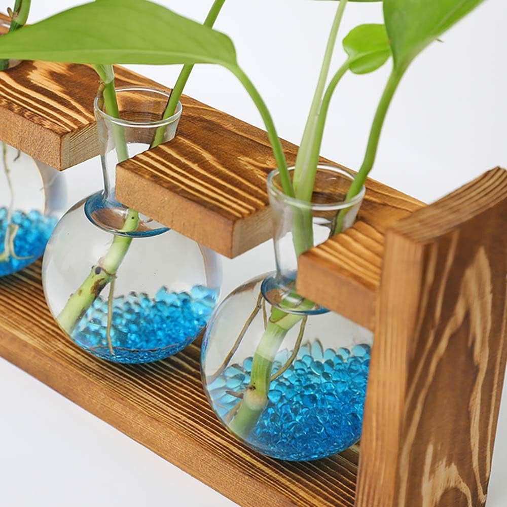 Glass Plant Terrarium - 3 Bulbs Propagation Station with Retro Wood Stand Indoor Garden Planter, Bulb Vase & Desktop Decor for Home Kitchen Wedding, Gift for Women & Plant Lover