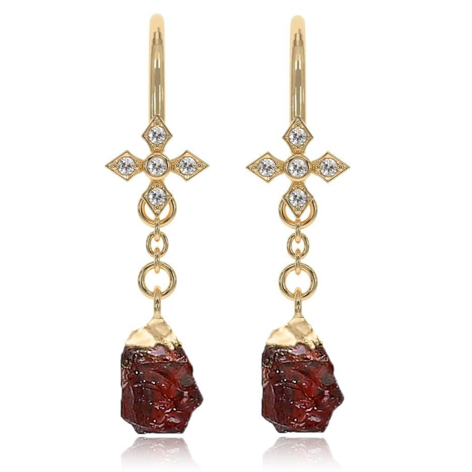 Garnet Earrings for Women in Raw Stone Dangle Drop Shape - 18K Gold Plated, Certified 925 Sterling Silver Earring - Hypoallergenic Gold Jewelry for Women, Mothers Day Gifts, Birthday Gifts for Women