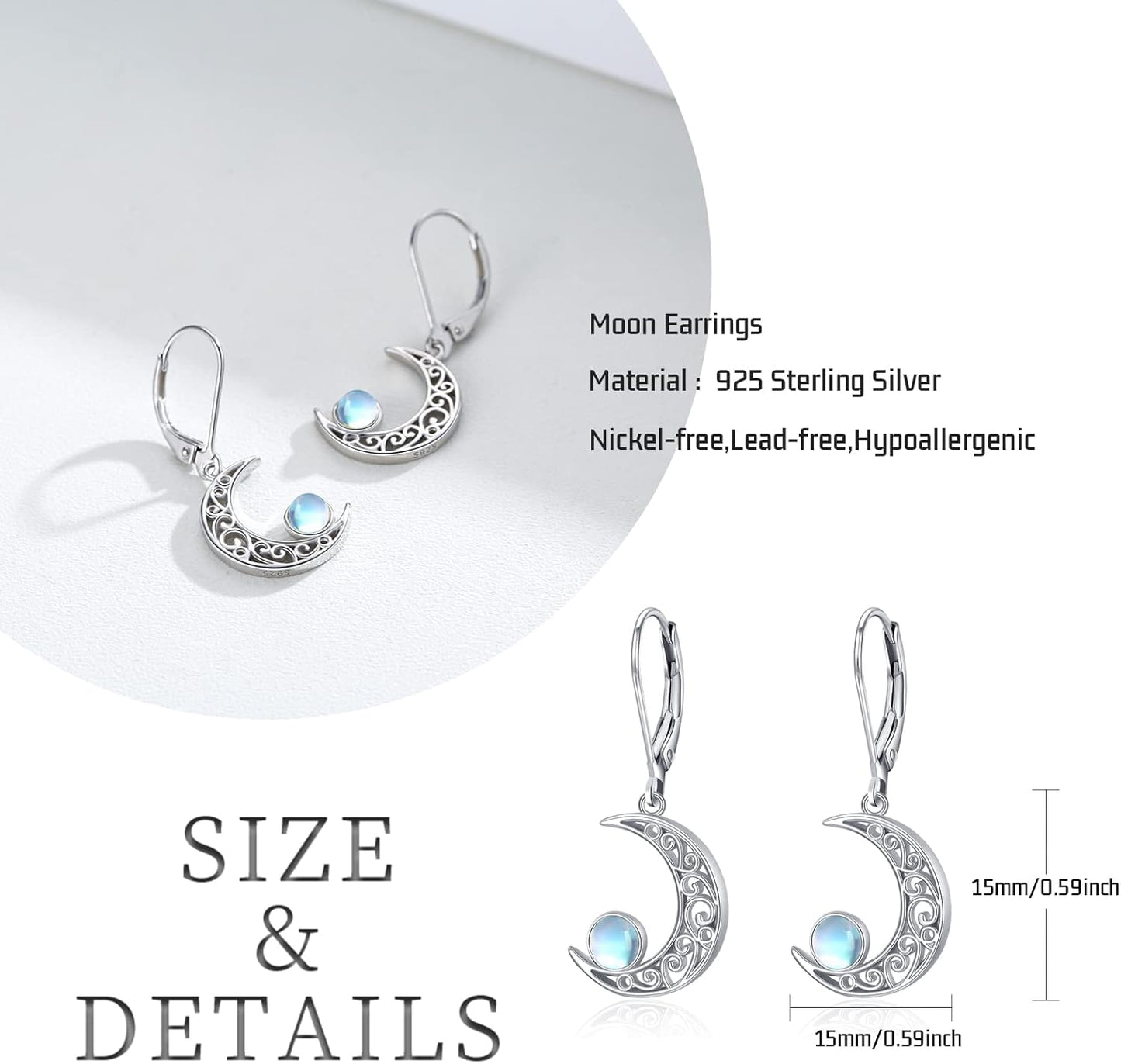 Celtic Moon Sterling Silver Moss Agate Star Earrings - Hypoallergenic Moon Jewelry Gifts for Women