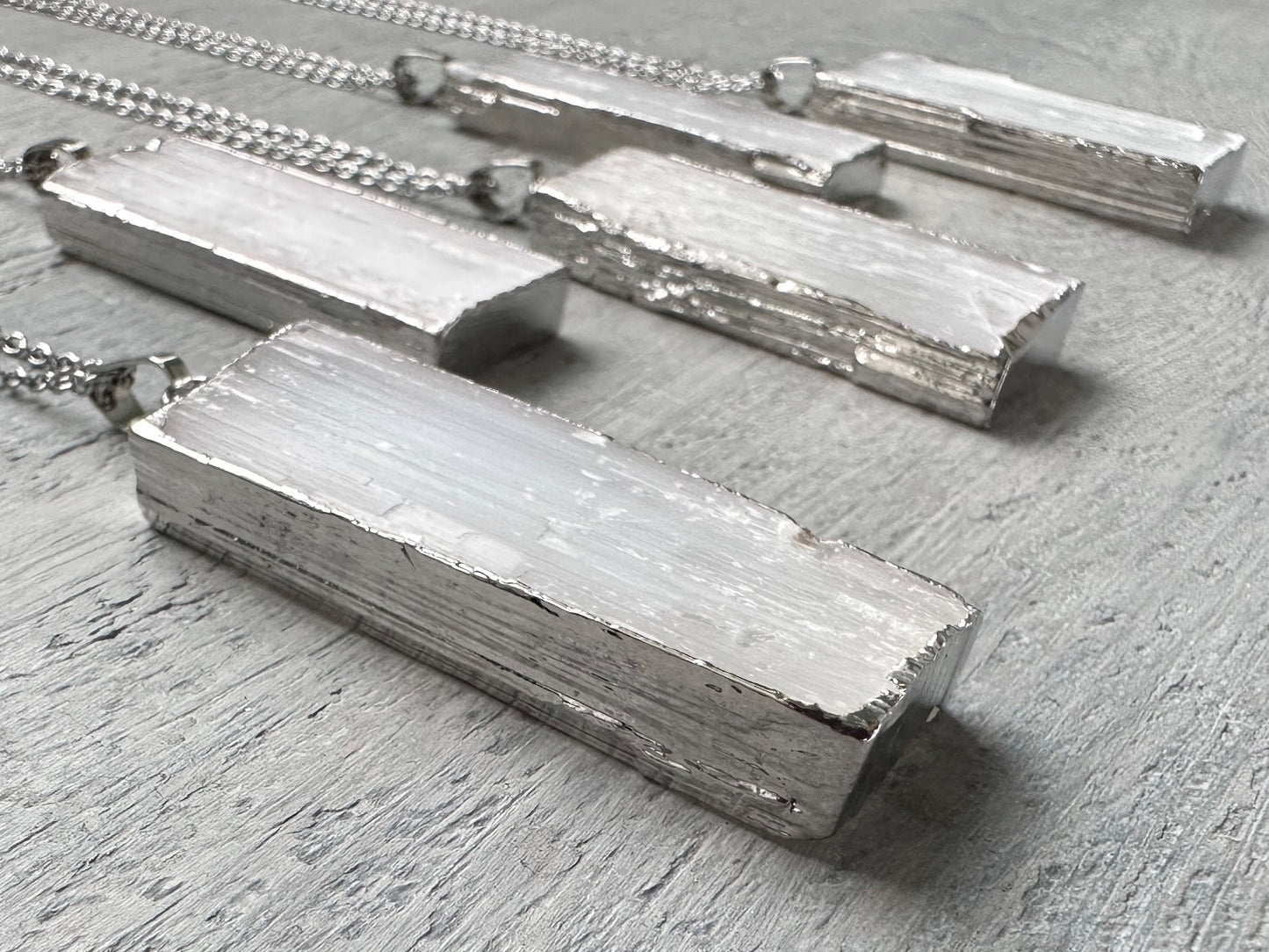 Selenite Necklace, Selenite Silver Pendant, Raw Selenite Necklace, Natural Selenite, White Rectangle Pendant Necklace, Raw Stone Jewelry