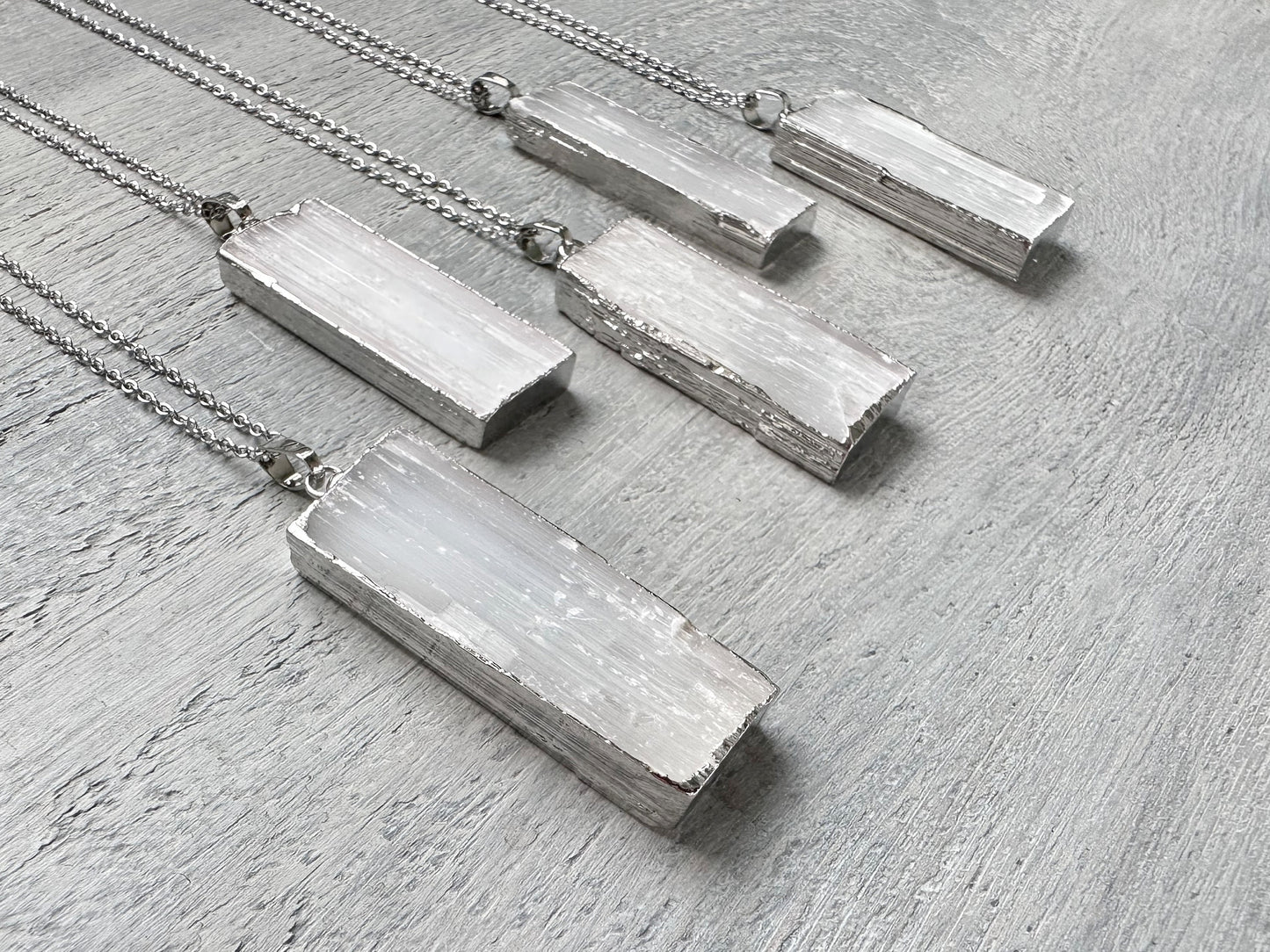 Selenite Necklace, Selenite Silver Pendant, Raw Selenite Necklace, Natural Selenite, White Rectangle Pendant Necklace, Raw Stone Jewelry