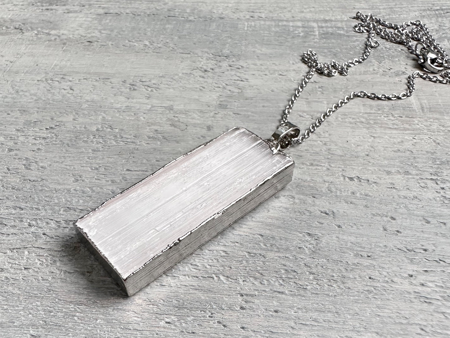 Selenite Necklace, Selenite Silver Pendant, Raw Selenite Necklace, Natural Selenite, White Rectangle Pendant Necklace, Raw Stone Jewelry