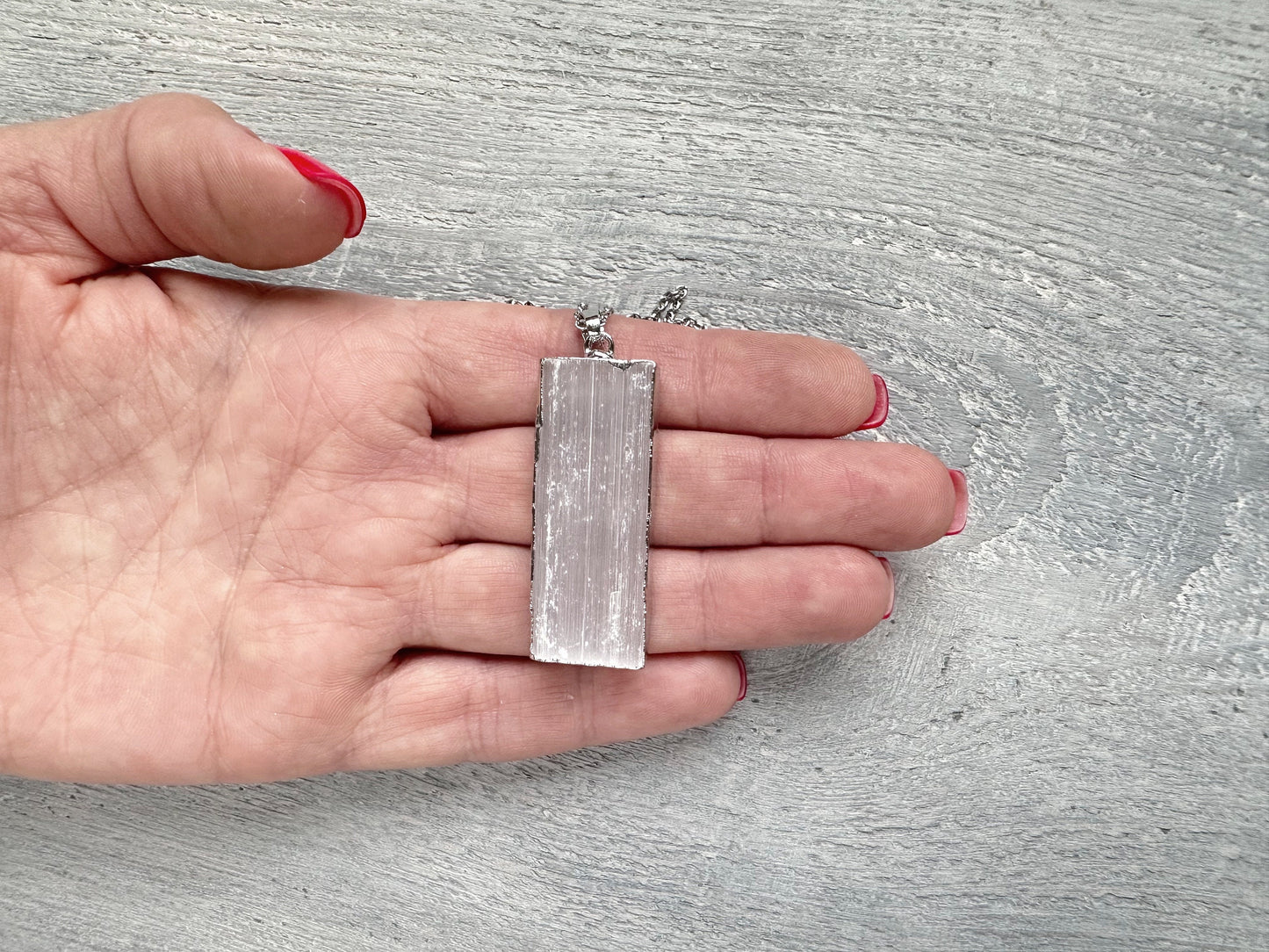 Selenite Necklace, Selenite Silver Pendant, Raw Selenite Necklace, Natural Selenite, White Rectangle Pendant Necklace, Raw Stone Jewelry