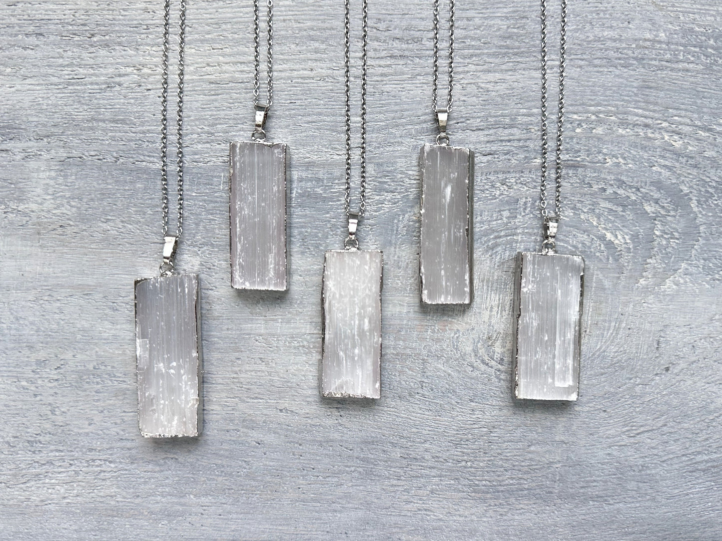 Selenite Necklace, Selenite Silver Pendant, Raw Selenite Necklace, Natural Selenite, White Rectangle Pendant Necklace, Raw Stone Jewelry