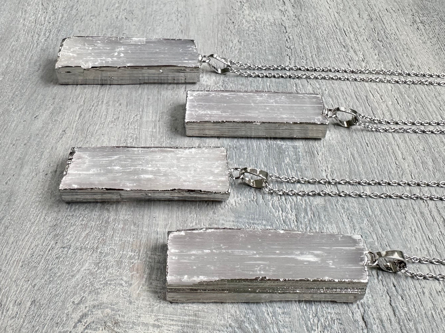 Selenite Necklace, Selenite Silver Pendant, Raw Selenite Necklace, Natural Selenite, White Rectangle Pendant Necklace, Raw Stone Jewelry