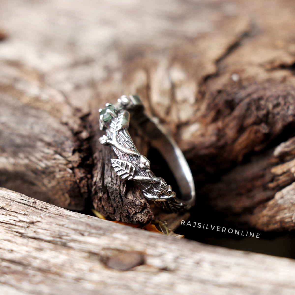 Moss Agate Twig Ring: Handmade Sterling Silver Nature-Inspired Leaves Ring, Boho Designer Jewelry