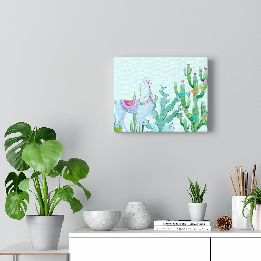 Fancy Alpaca hangin out with a cactus canvas