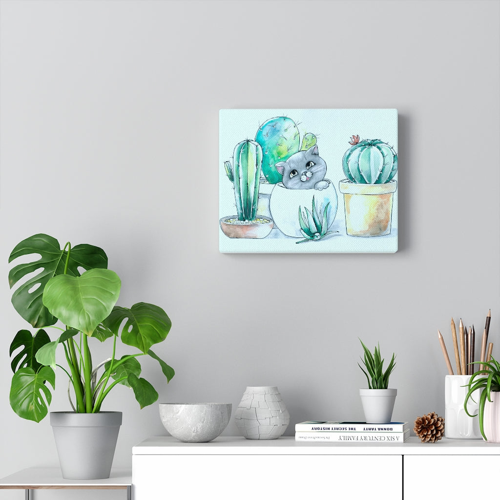 Kitty hangin out with cacti canvas