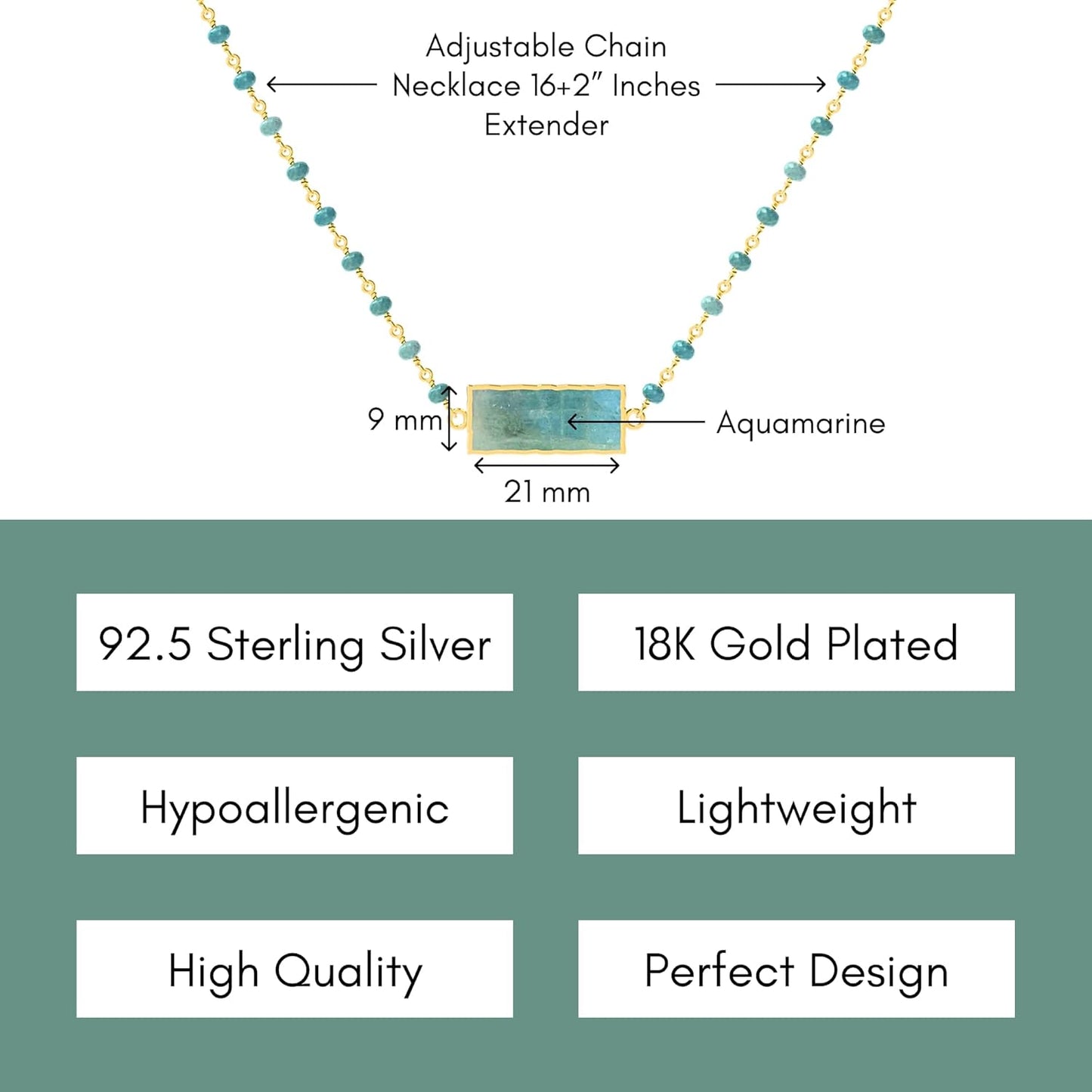 Aquamarine Necklace for Women, Rectangle Premium Gold Beaded Necklaces - Tarnish Free 18K Gold Plated Certified S925 Classic Statement Necklace Gold Jewelry for Women - Mothers Day Gifts for Mom Wife