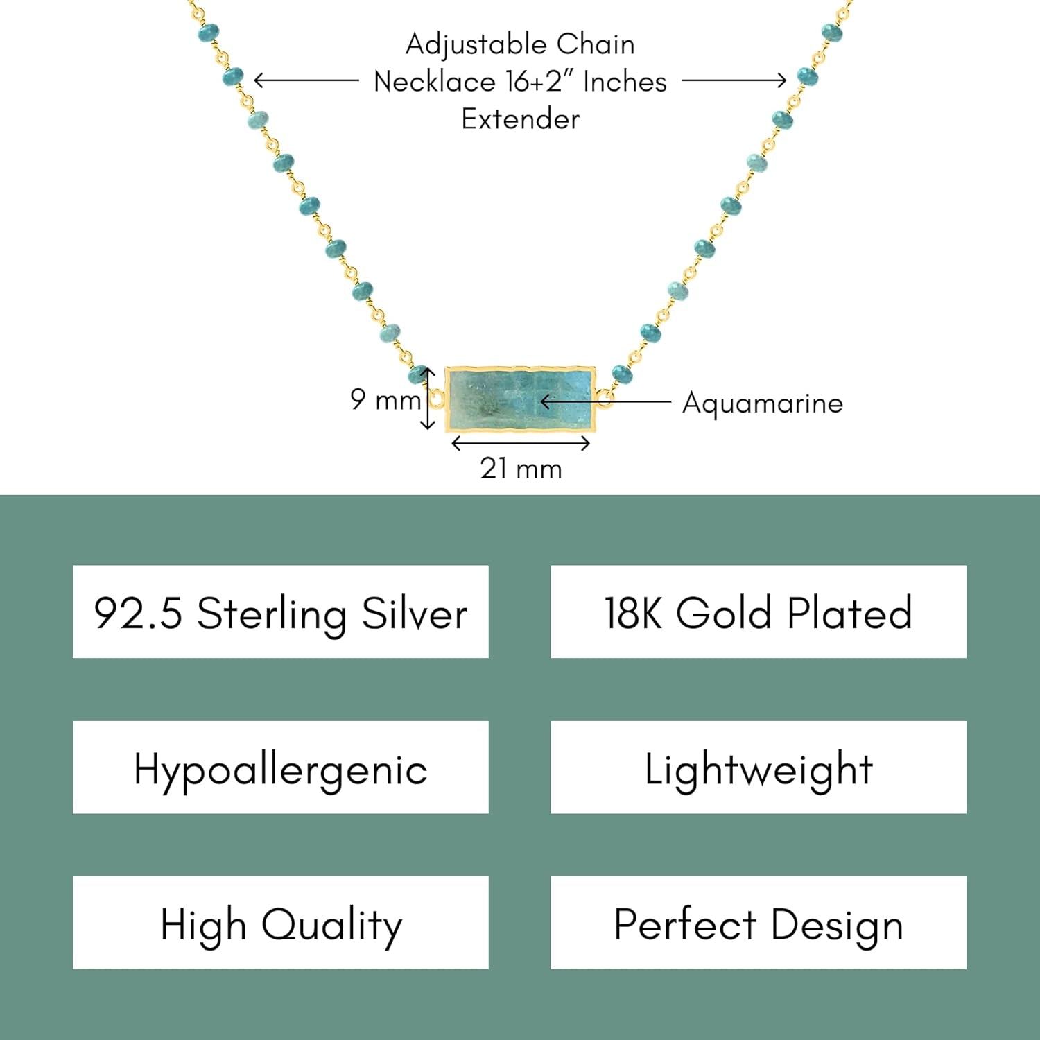 Aquamarine Necklace for Women, Rectangle Premium Gold Beaded Necklaces - Tarnish Free 18K Gold Plated Certified S925 Classic Statement Necklace Gold Jewelry for Women - Mothers Day Gifts for Mom Wife