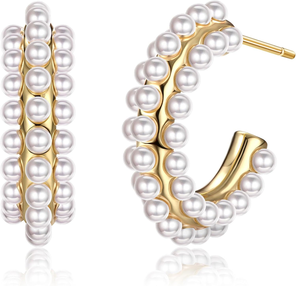 Pearl Hoop Earrings for Women, 14K Gold Plated Pearl Drop Earrings 925 Sterling Silver Gold Pearl Hoops Earrings Trendy Lightweight Hypoallergenic Pearl Earrings Jewelry