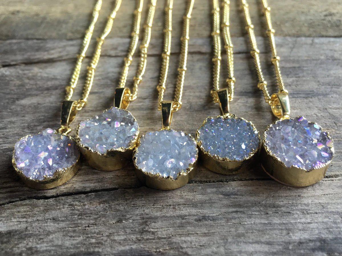 Raw Druzy Necklace Angel Aura Quartz Necklace Raw Druzy Jewelry for Women Druzy Crystal Jewelry Small Crystal Necklace Raw Stone Necklace