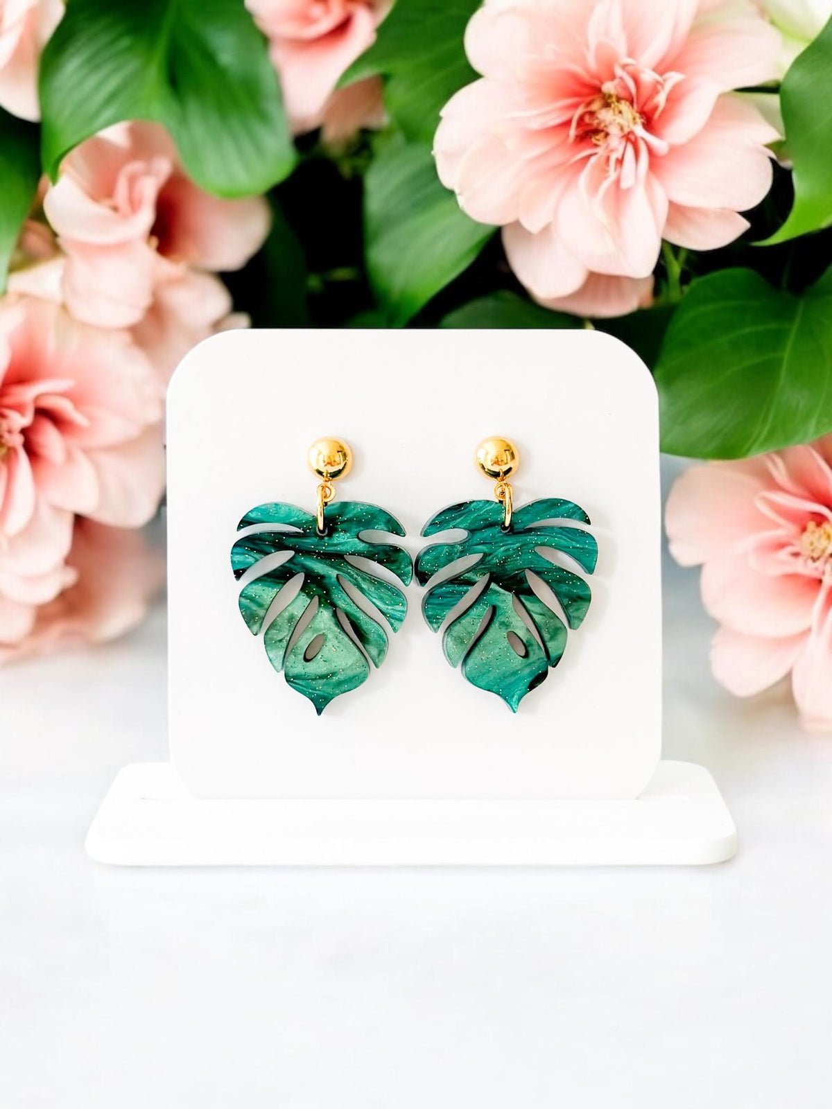 Monstera Leaf Earrings | Green Monstera Summer Earrings | Summer Palm Leaf Earrings
