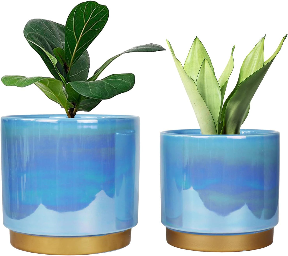 Ceramic Flower Plants Pots Planter with Drainage Hole, 6.0 Inch+5.0 Inch. Indoor-Outdoor Large round Succulent Orchid Pot Set (Blue)