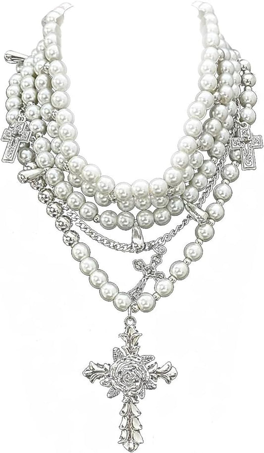 Layered Pearl Necklace Gothic Cross Pearl Stacked Necklace for Women