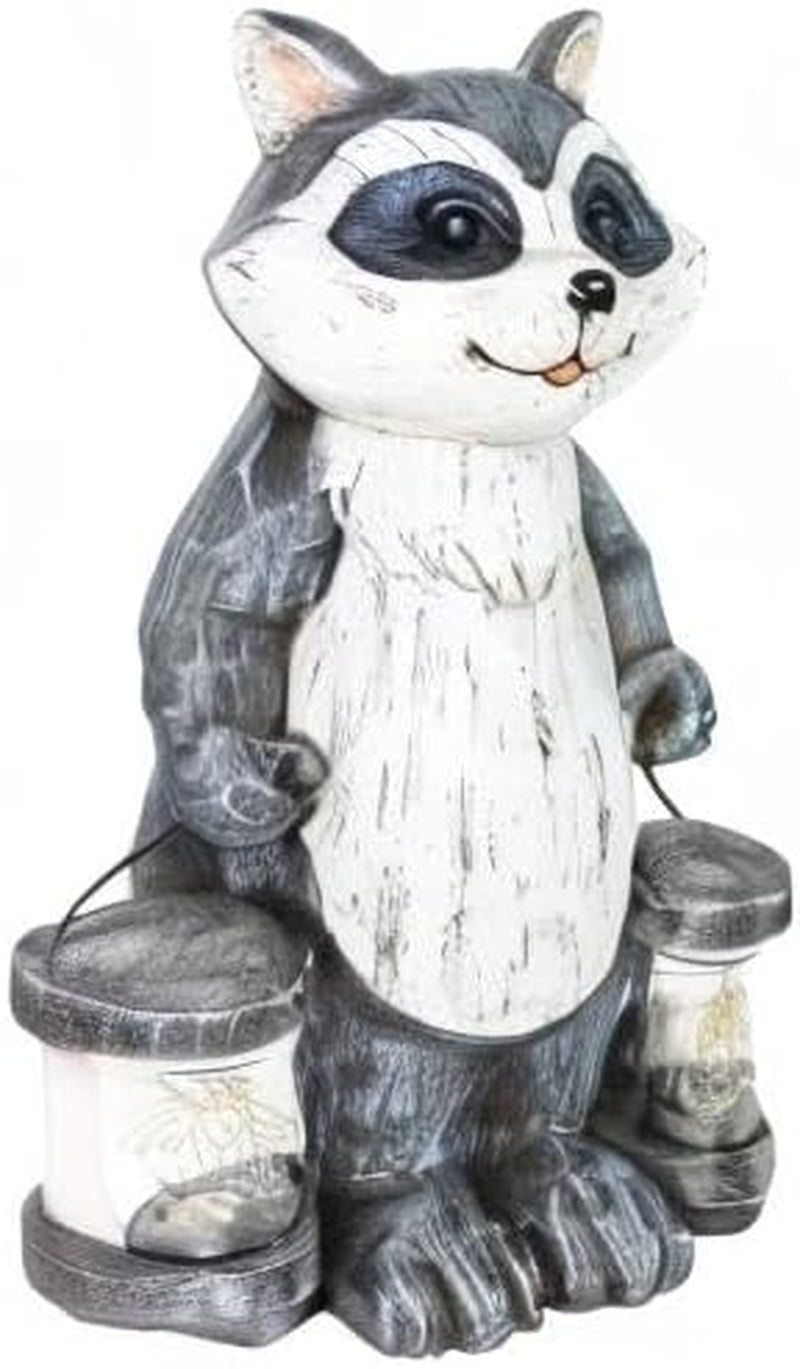 Garden Sculpture, Raccoon Solar Garden Statue with 2 Jars, 16 LED Firefly Lights, Outdoor Garden Decoration, 7.5 X 9 X 10.5 Inch