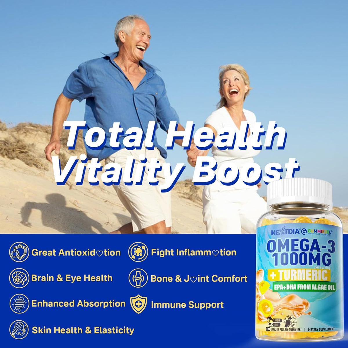 Vegan Omega-3 Gummies 1000Mg + Turmeric - Omega 3 Fish Oil Alternative for Adults - Algae DHA 600Mg & EPA 300Mg, Vitamins A, C, E, Zinc & MSM, Sugar Free, 60 Cts
