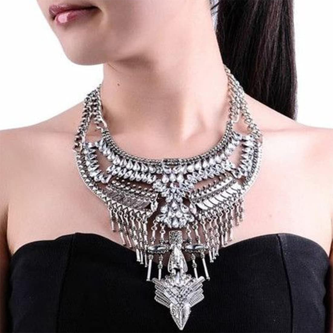 Long Tassel Chunky Boho Coin Statement Necklace for Women Silver