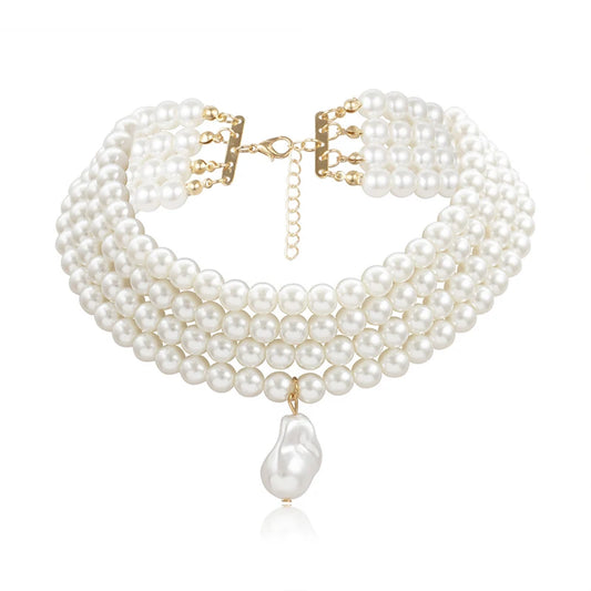 Classic Layered Strand round Pearls Beads Collar Choker Necklace for Women Irregular Baroque Pearl Pendant Wedding Necklace Gift