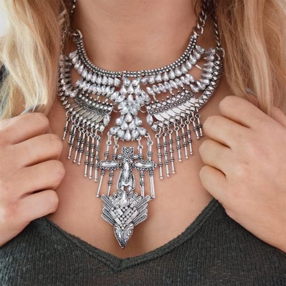 Long Tassel Chunky Boho Coin Statement Necklace for Women Silver