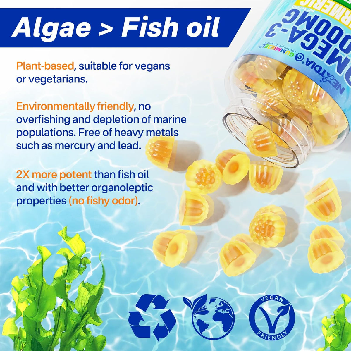 Vegan Omega-3 Gummies 1000Mg + Turmeric - Omega 3 Fish Oil Alternative for Adults - Algae DHA 600Mg & EPA 300Mg, Vitamins A, C, E, Zinc & MSM, Sugar Free, 60 Cts