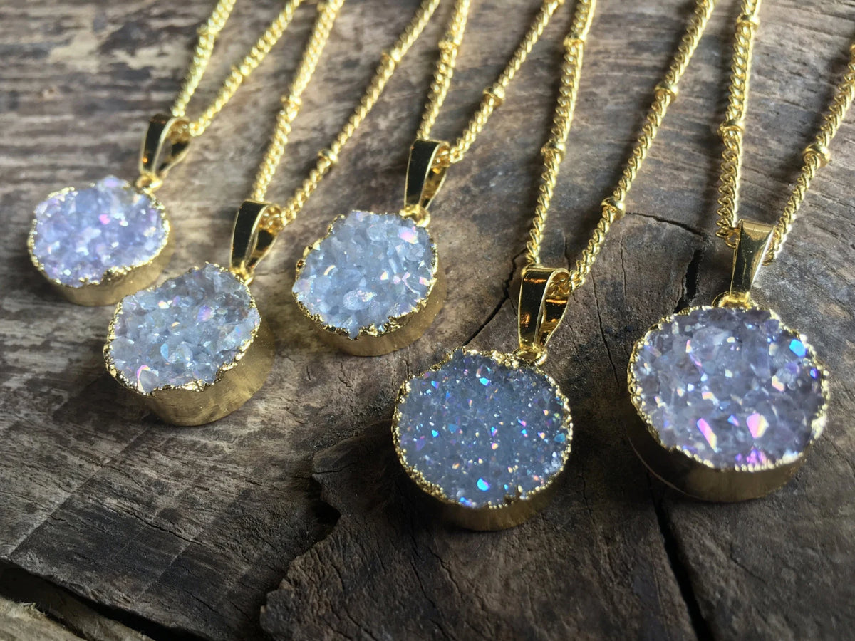 Raw Druzy Necklace Angel Aura Quartz Necklace Raw Druzy Jewelry for Women Druzy Crystal Jewelry Small Crystal Necklace Raw Stone Necklace