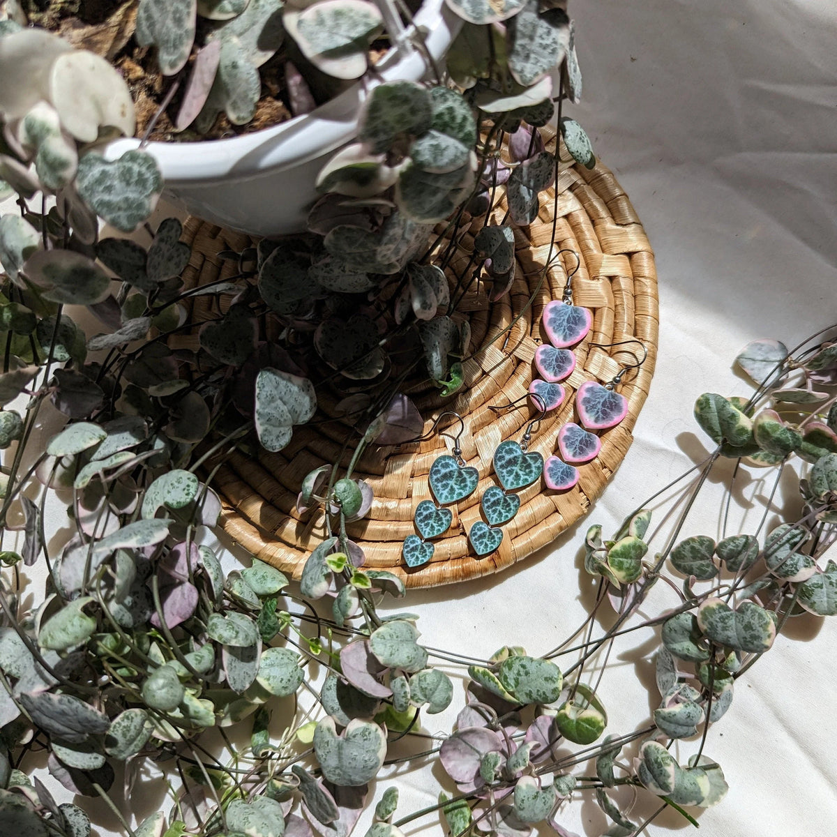 Variegated String of Hearts Botanical Leaf Handmade Earrings