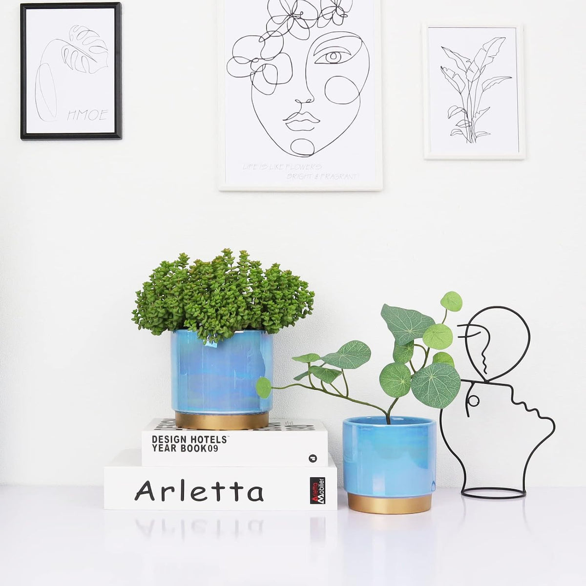 Ceramic Flower Plants Pots Planter with Drainage Hole, 6.0 Inch+5.0 Inch. Indoor-Outdoor Large round Succulent Orchid Pot Set (Blue)