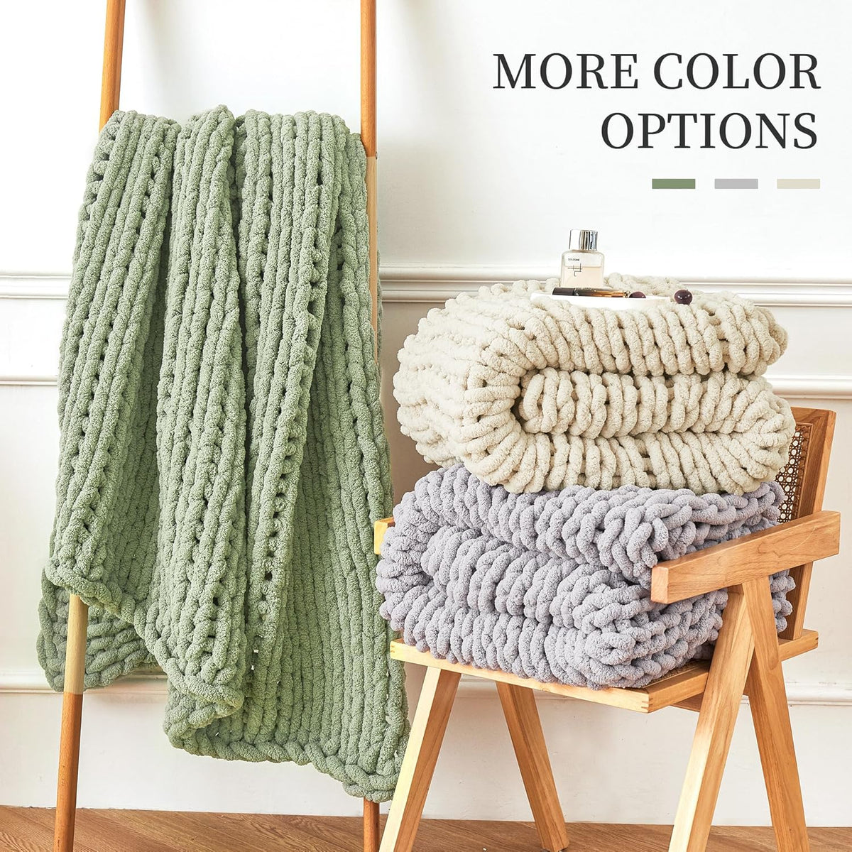 Chunky Knit Blanket Throw, 100% Hand Knit Chenille Throw Blanket for Sofa & Home Decor, Soft and Cozy Knitted Throw Blankets (Sage Green，51"X63")