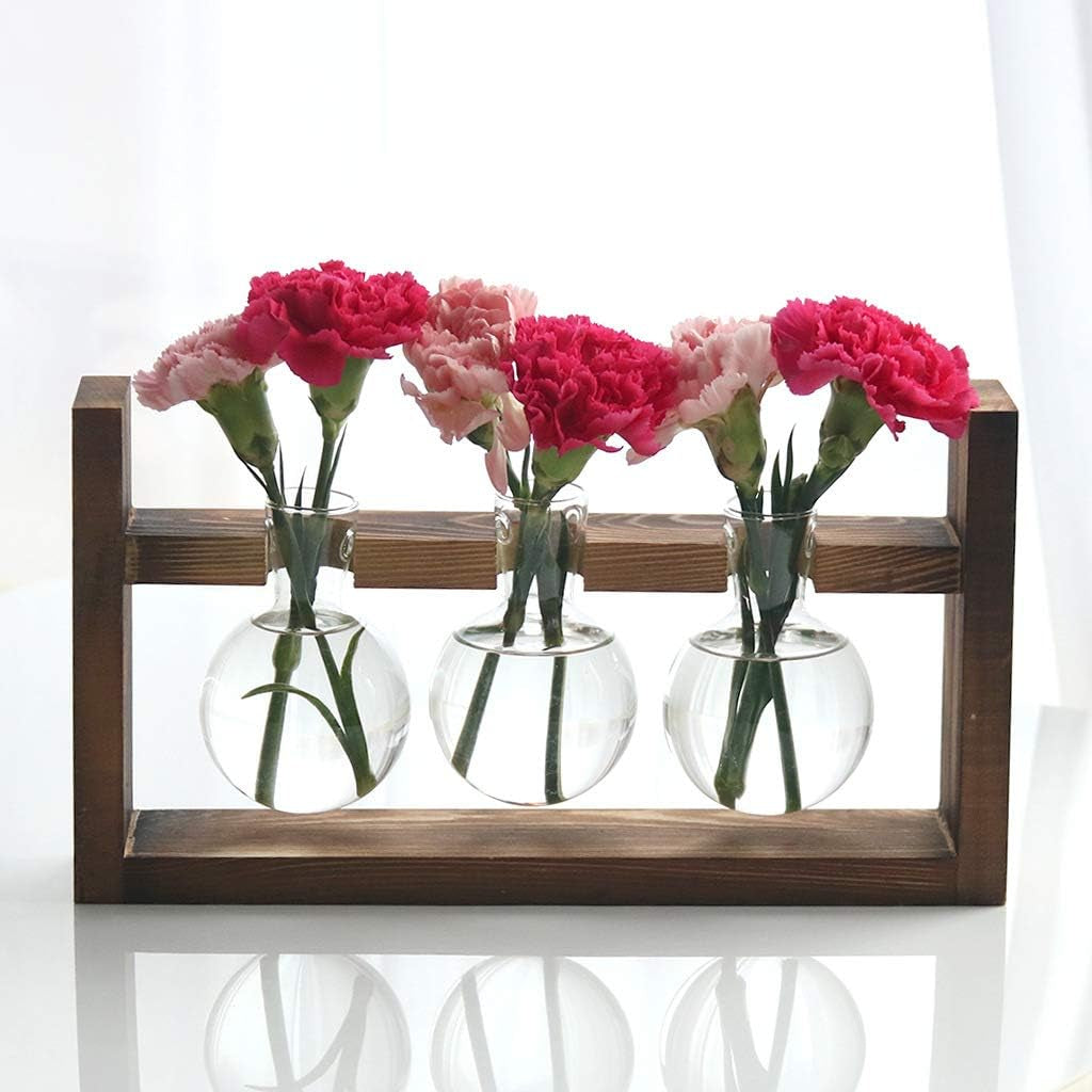 Glass Plant Terrarium - 3 Bulbs Propagation Station with Retro Wood Stand Indoor Garden Planter, Bulb Vase & Desktop Decor for Home Kitchen Wedding, Gift for Women & Plant Lover