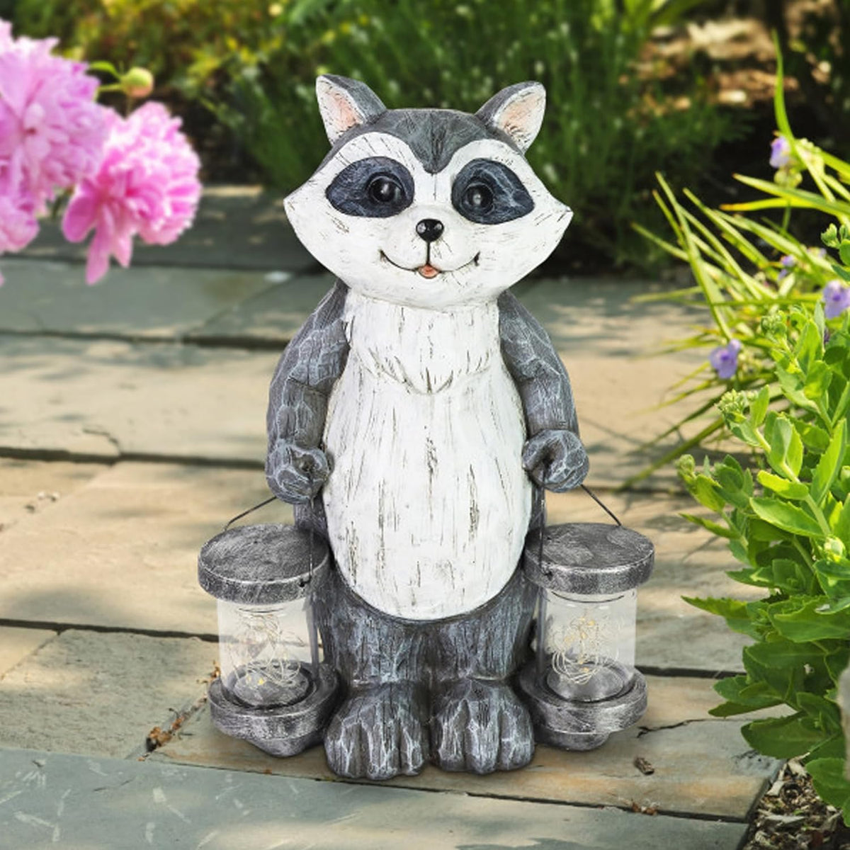Garden Sculpture, Raccoon Solar Garden Statue with 2 Jars, 16 LED Firefly Lights, Outdoor Garden Decoration, 7.5 X 9 X 10.5 Inch