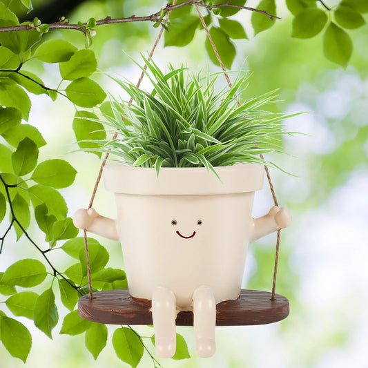 Swing Planter Pot Smile Face Swing Flowers Pot Cute Hanging Swing Planter Resin Swing Plant Pot for Indoor Outdoor Compact Haning Planter Pots Portable for Succulents Azaleas Pearls 11×7.9×13.8Cm