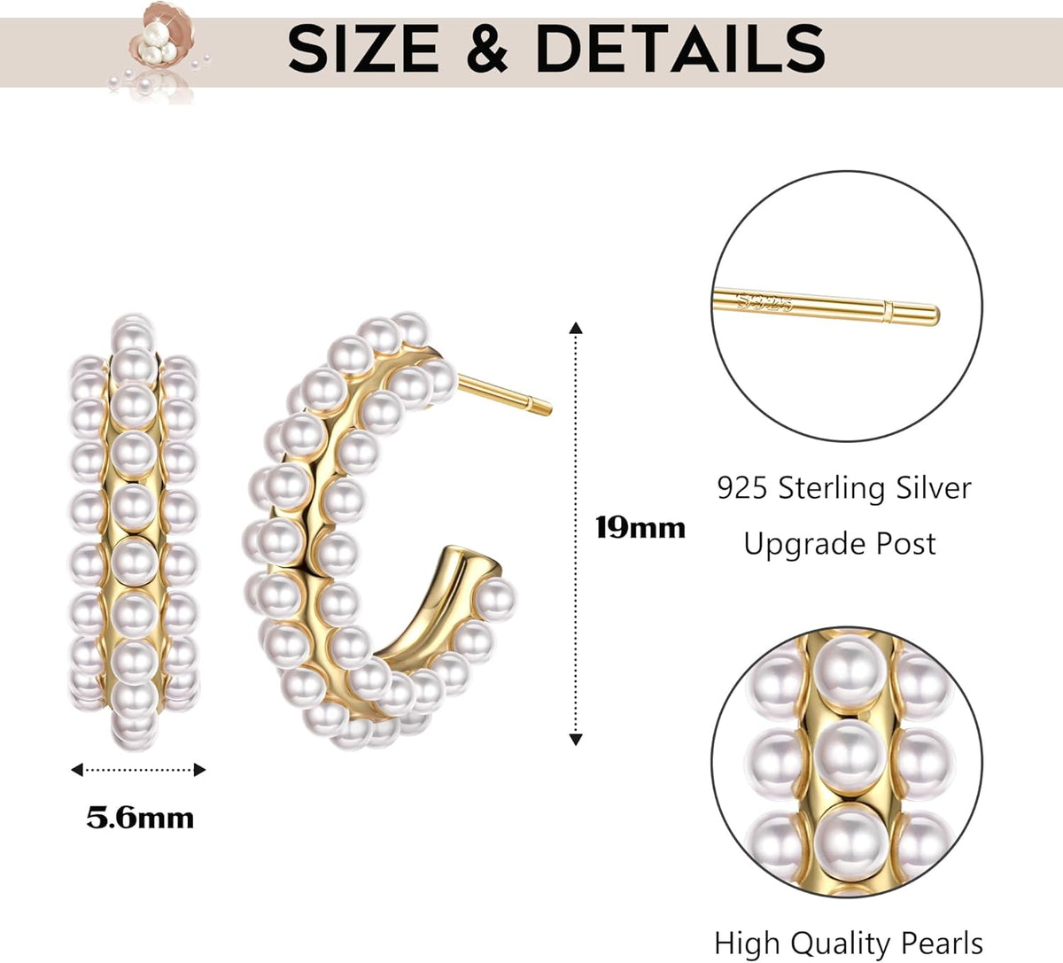 Pearl Hoop Earrings for Women, 14K Gold Plated Pearl Drop Earrings 925 Sterling Silver Gold Pearl Hoops Earrings Trendy Lightweight Hypoallergenic Pearl Earrings Jewelry