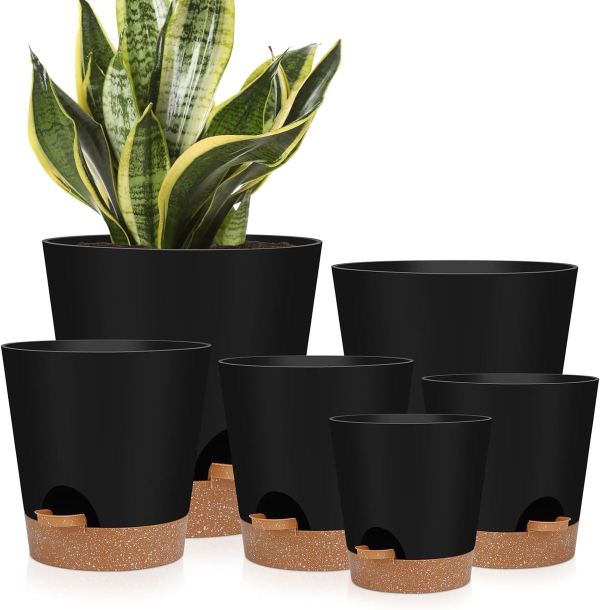 Indoor Self Watering Planters with Drainage Holes and Saucers, 8, 7, 6.5, 6, 5.5, 5 Inches, Black, 6 Pots