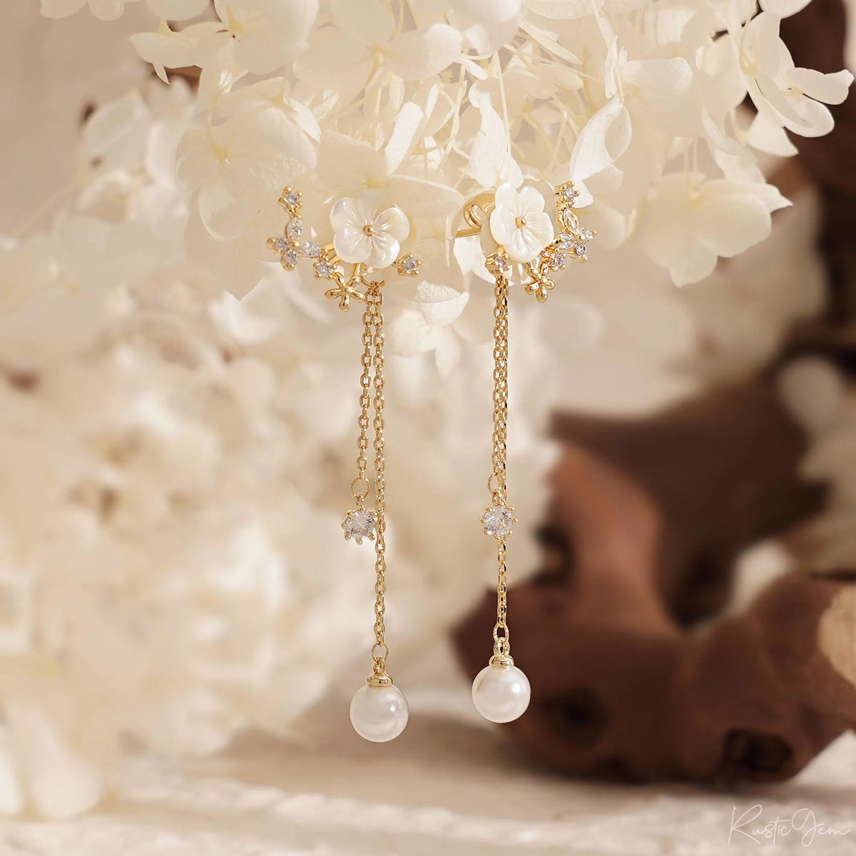 Natural Pearl Flower Dangle Earrings, Dainty Pearl Earrings, Drop Pearl Earrings, Wedding Earrings, Bridesmaid Gift, Bridesmaid Gift for Her
