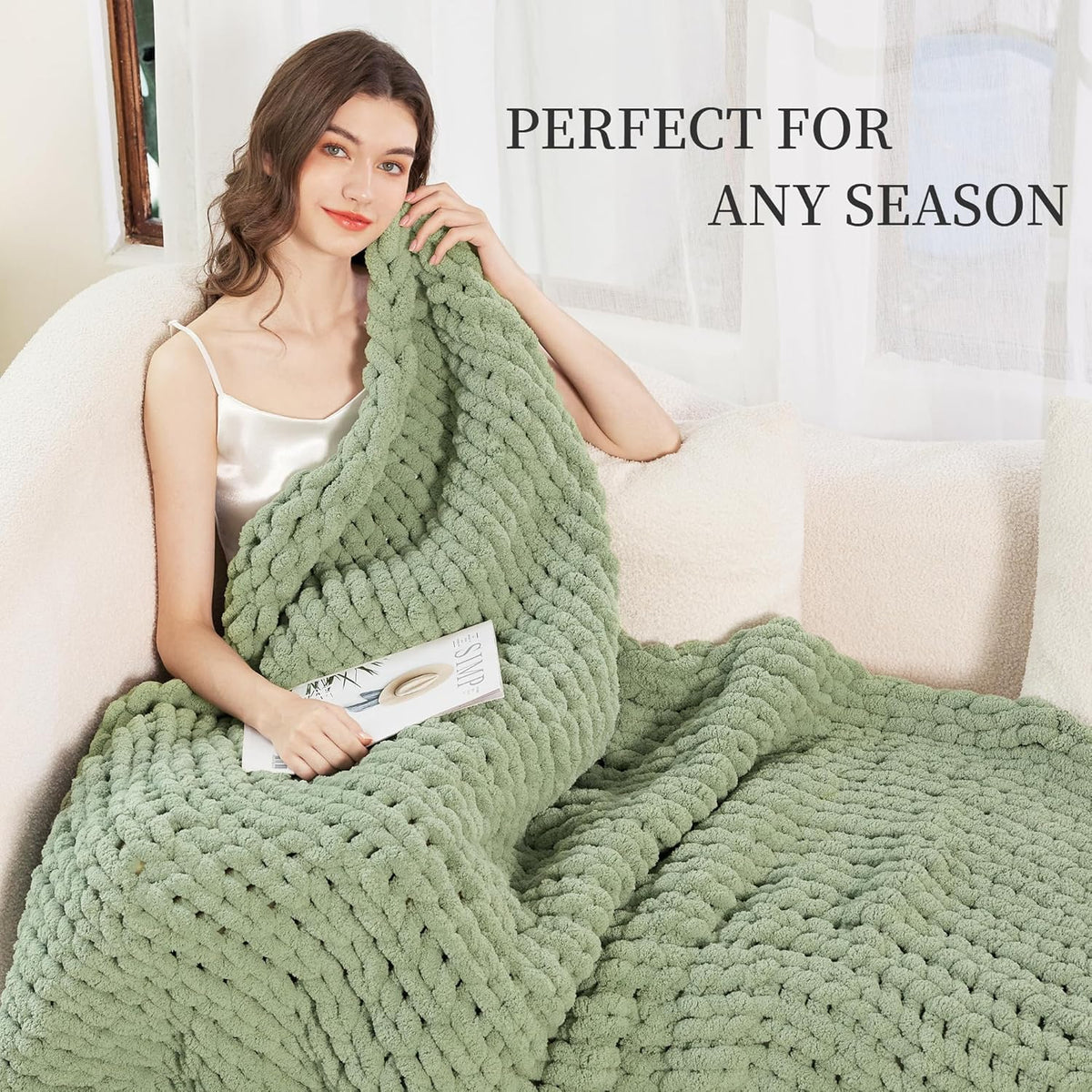 Chunky Knit Blanket Throw, 100% Hand Knit Chenille Throw Blanket for Sofa & Home Decor, Soft and Cozy Knitted Throw Blankets (Sage Green，51"X63")